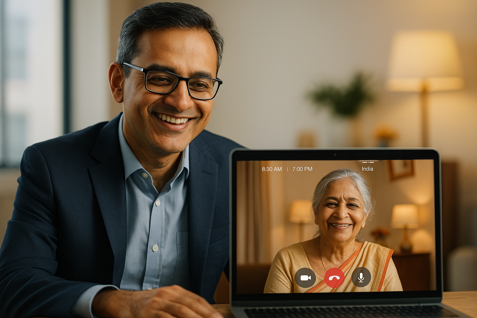 NRI professional on a video call with his mother in India, showing the time difference between countries