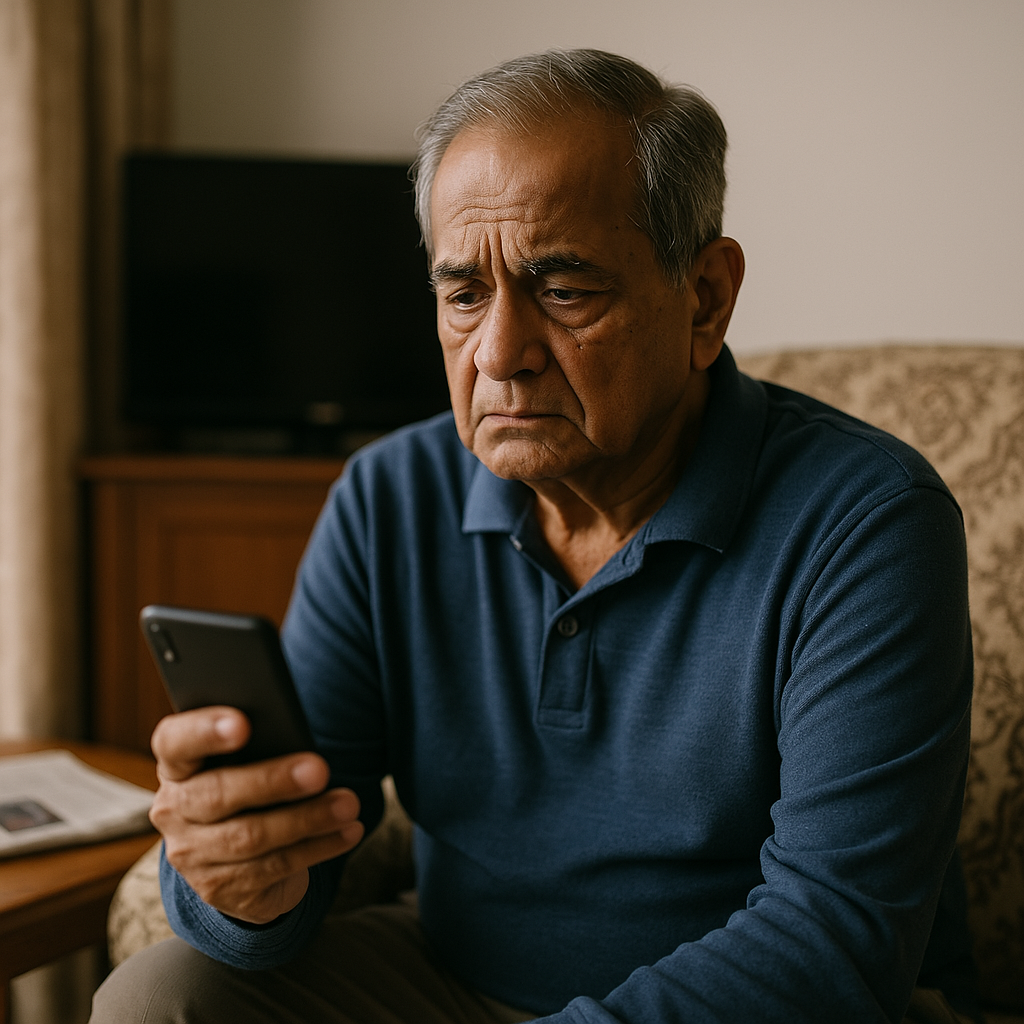 Elderly Indian father looking concerned while checking his smartphone